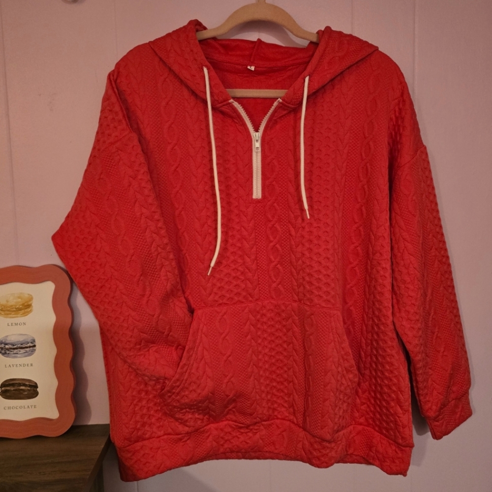 Bright Pink Textured Hoodie with Quarter Zip